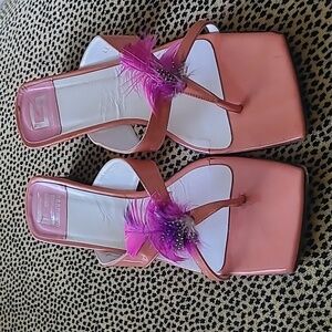 Gerutti Leather Orange Open Sandals with feathers square toe flip flop size 39